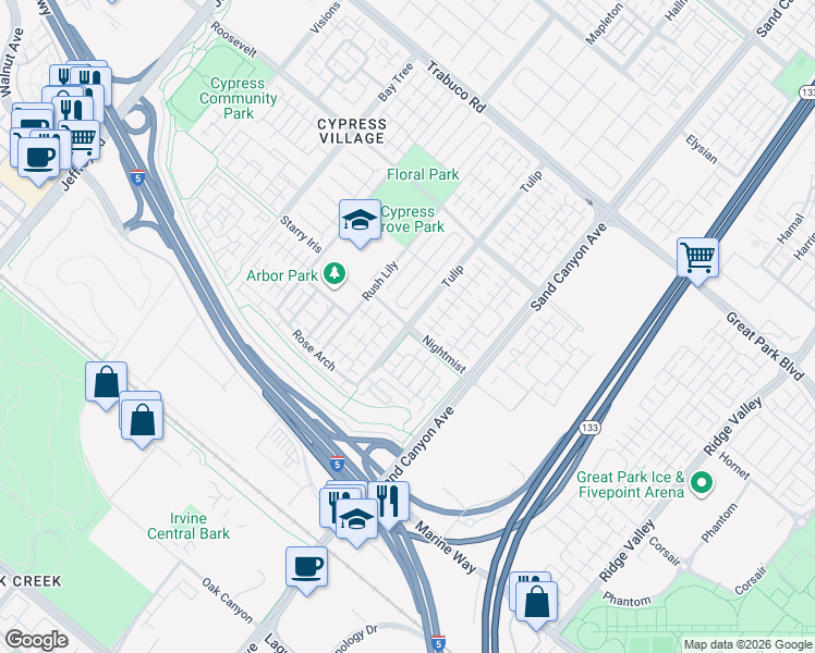 map of restaurants, bars, coffee shops, grocery stores, and more near 51 Peppermint in Irvine