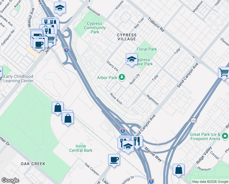 map of restaurants, bars, coffee shops, grocery stores, and more near 50 Emerald Clover in Irvine
