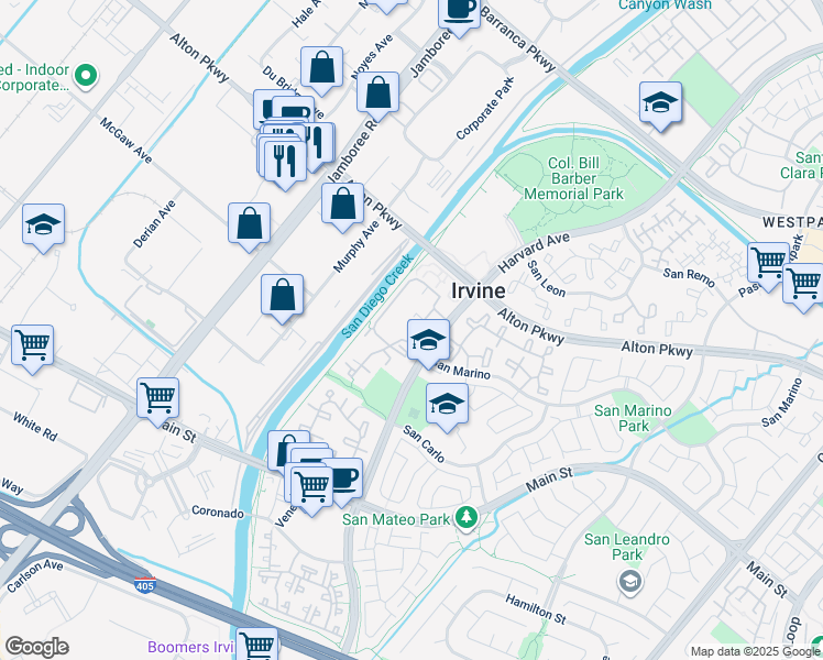 map of restaurants, bars, coffee shops, grocery stores, and more near 92 Alicante Aisle in Irvine