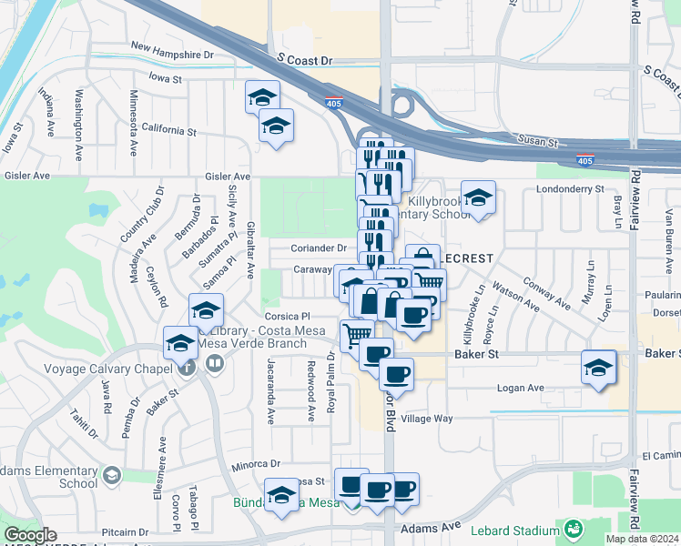 map of restaurants, bars, coffee shops, grocery stores, and more near 1551 Coriander Drive in Costa Mesa