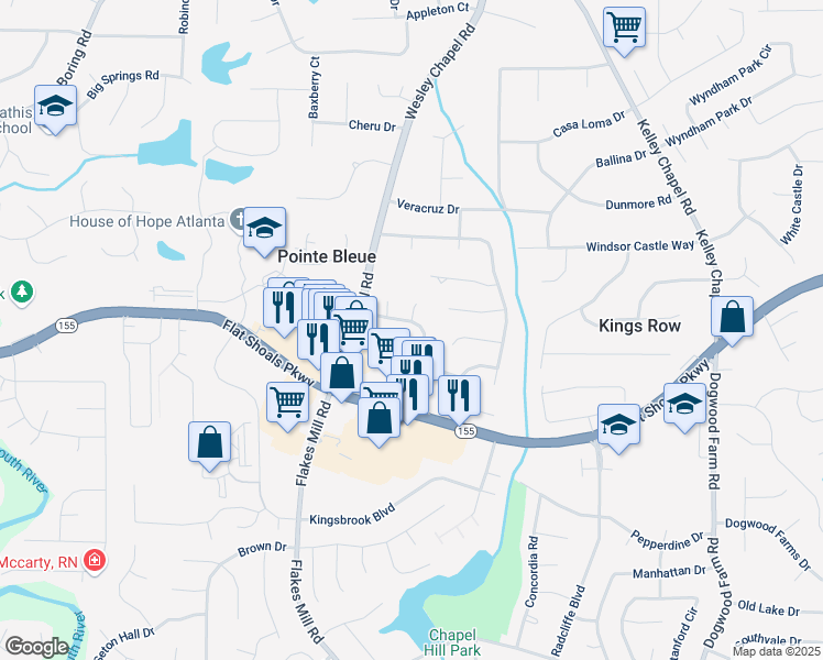 map of restaurants, bars, coffee shops, grocery stores, and more near 3390 Autumn Cherry Court in Decatur
