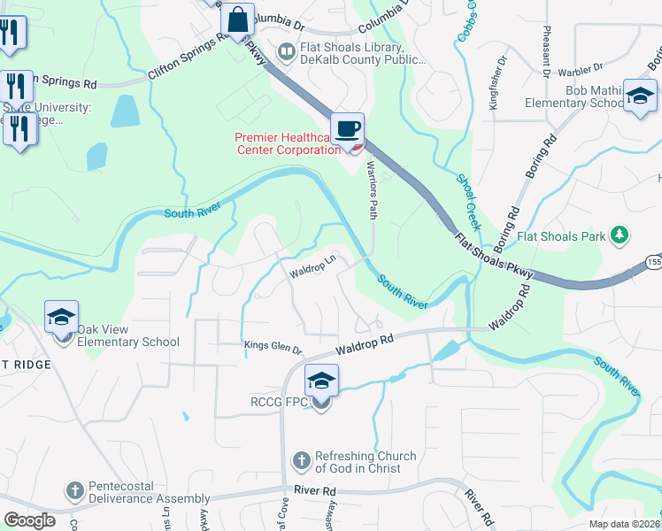 map of restaurants, bars, coffee shops, grocery stores, and more near 3783 Waldrop Lane in Decatur