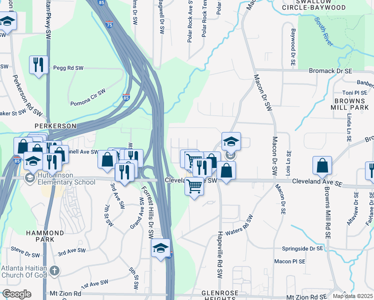 map of restaurants, bars, coffee shops, grocery stores, and more near 2637 Old Hapeville Road Southwest in Atlanta