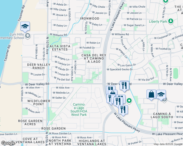 map of restaurants, bars, coffee shops, grocery stores, and more near 10370 West Sands Drive in Peoria