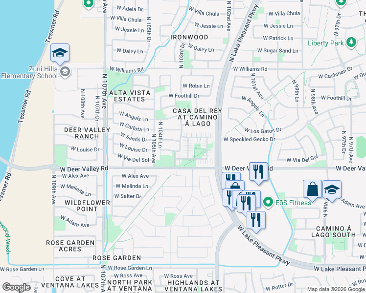 map of restaurants, bars, coffee shops, grocery stores, and more near 10370 West Sands Drive in Peoria