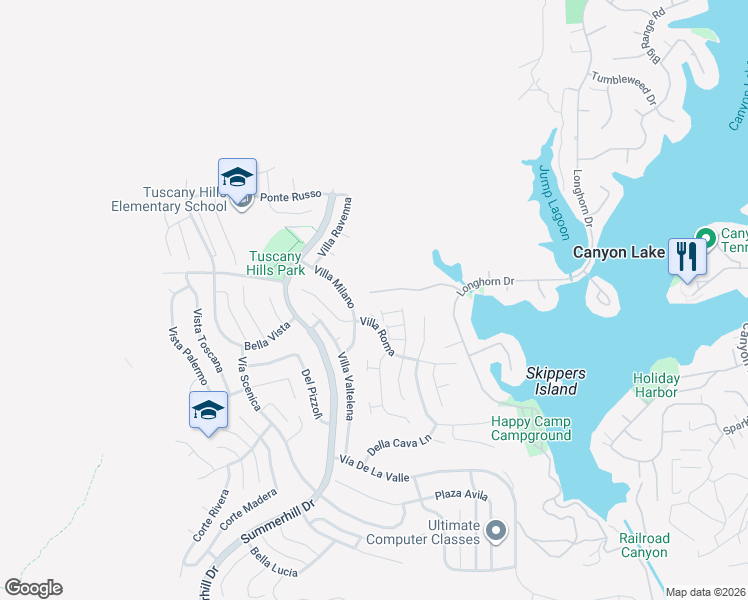 map of restaurants, bars, coffee shops, grocery stores, and more near 21532 Appaloosa Court in Canyon Lake