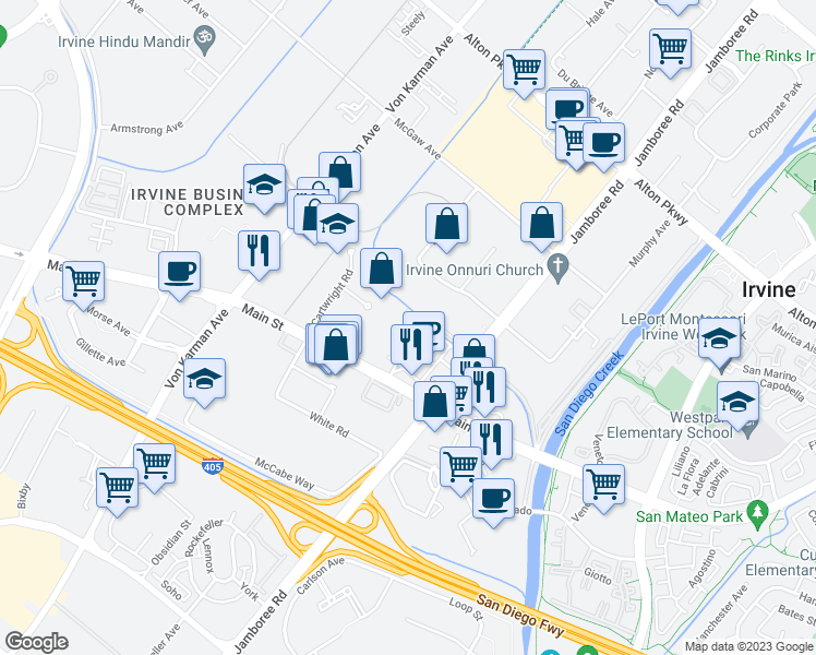 map of restaurants, bars, coffee shops, grocery stores, and more near 2710 Kelvin Avenue in Irvine