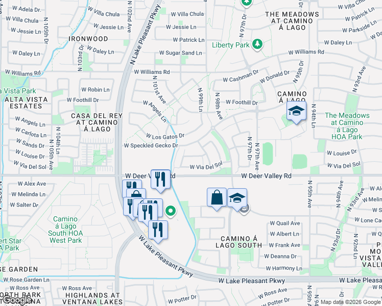 map of restaurants, bars, coffee shops, grocery stores, and more near 22116 North 98th Lane in Peoria