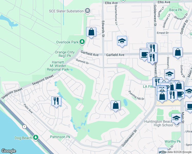 map of restaurants, bars, coffee shops, grocery stores, and more near 6396 Royal Grove Drive in Huntington Beach