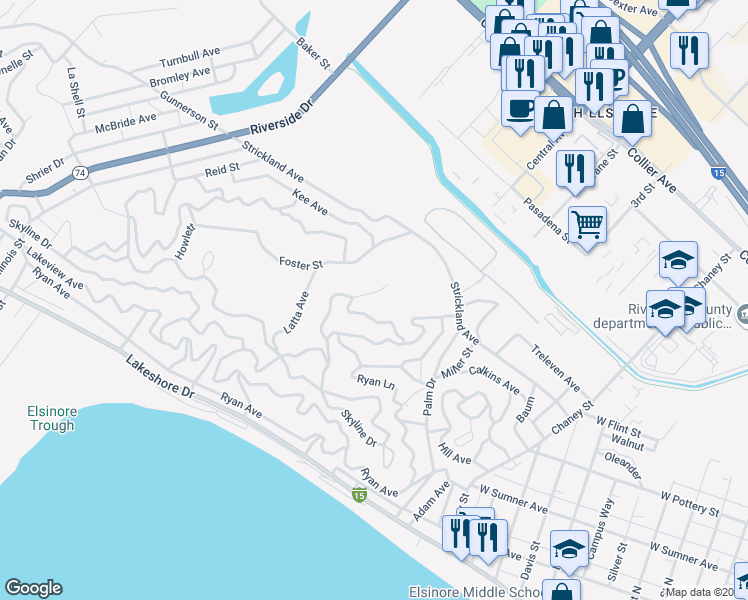 map of restaurants, bars, coffee shops, grocery stores, and more near Edwards Avenue in Lake Elsinore