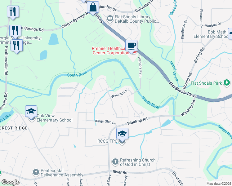 map of restaurants, bars, coffee shops, grocery stores, and more near 3383 Waldrop Trail in Decatur