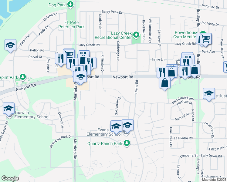 map of restaurants, bars, coffee shops, grocery stores, and more near 26290 Rim Creek Path in Menifee