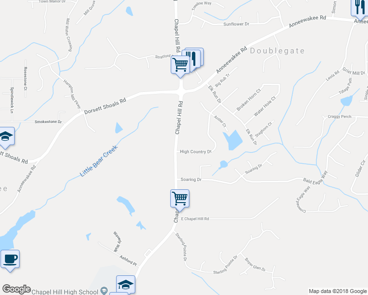 map of restaurants, bars, coffee shops, grocery stores, and more near 4292 High Country Drive in Douglasville