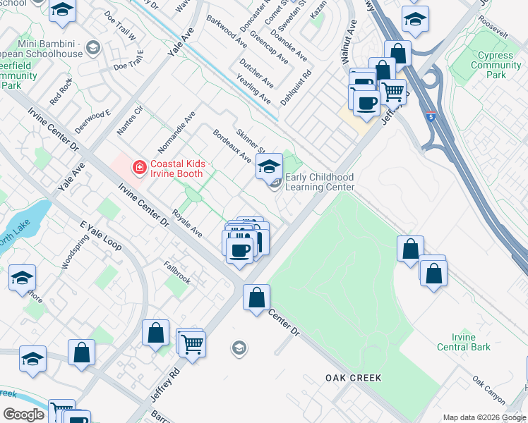 map of restaurants, bars, coffee shops, grocery stores, and more near 5385 Strasbourg Avenue in Irvine
