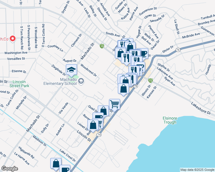map of restaurants, bars, coffee shops, grocery stores, and more near 16511 Badalona Street in Lake Elsinore
