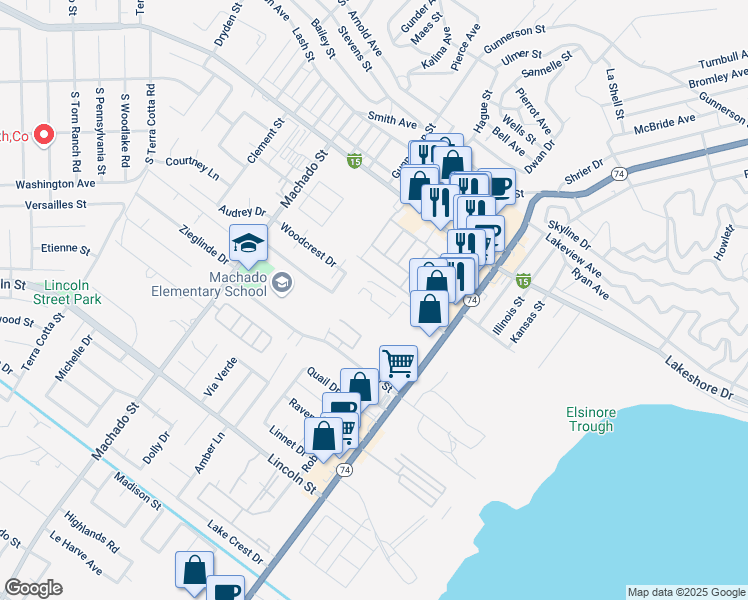 map of restaurants, bars, coffee shops, grocery stores, and more near 653 Walnut Drive in Lake Elsinore