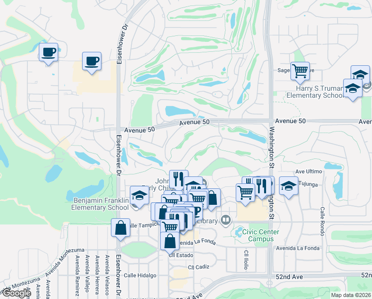 map of restaurants, bars, coffee shops, grocery stores, and more near 78136 Calle Norte in La Quinta