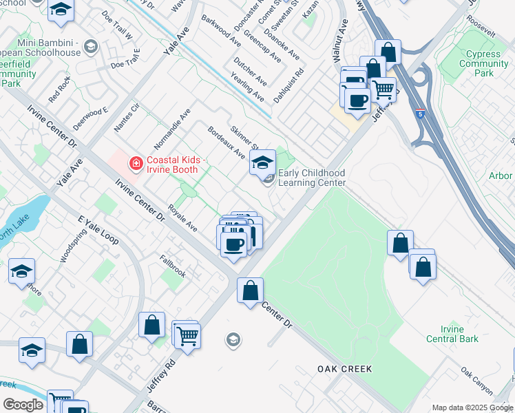 map of restaurants, bars, coffee shops, grocery stores, and more near 5385 Strasbourg Avenue in Irvine