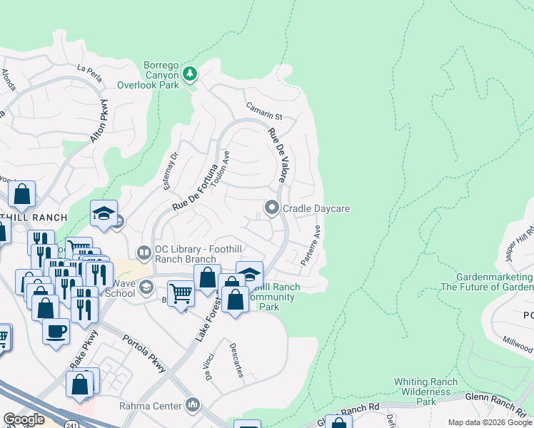 map of restaurants, bars, coffee shops, grocery stores, and more near 45 Chaumont Circle in Lake Forest