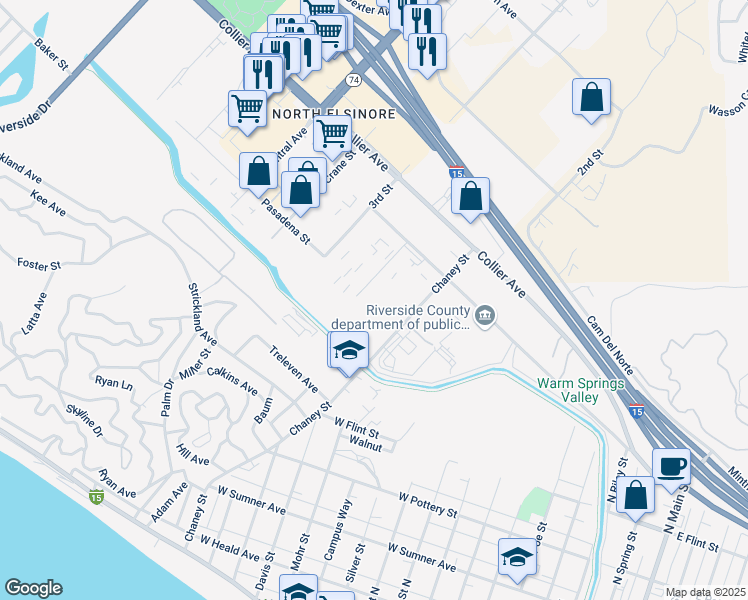 map of restaurants, bars, coffee shops, grocery stores, and more near 556 Birch Street in Lake Elsinore