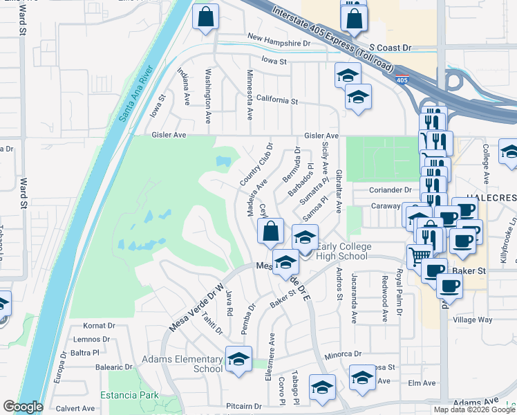 map of restaurants, bars, coffee shops, grocery stores, and more near 1791 Jamaica Road in Costa Mesa