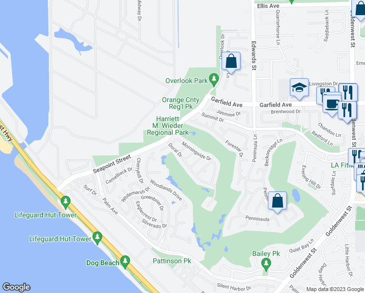 map of restaurants, bars, coffee shops, grocery stores, and more near 6276 Morningside Drive in Huntington Beach