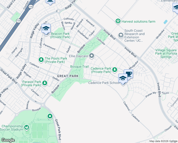map of restaurants, bars, coffee shops, grocery stores, and more near 114 Source in Irvine