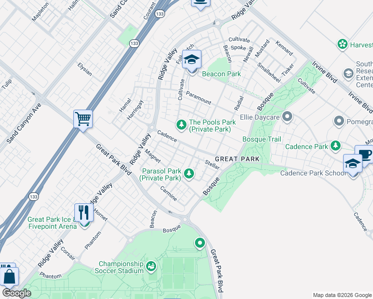 map of restaurants, bars, coffee shops, grocery stores, and more near 137 Stellar in Irvine