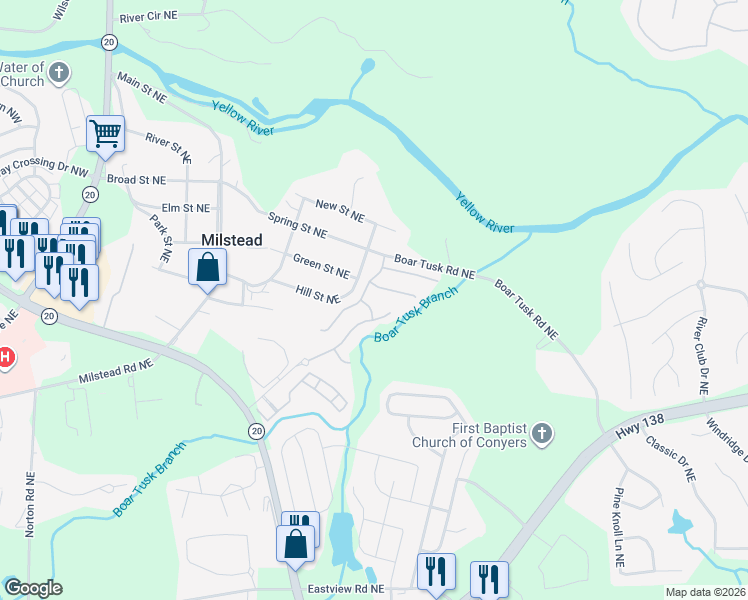 map of restaurants, bars, coffee shops, grocery stores, and more near 1999 Boar Tusk Road Northeast in Conyers