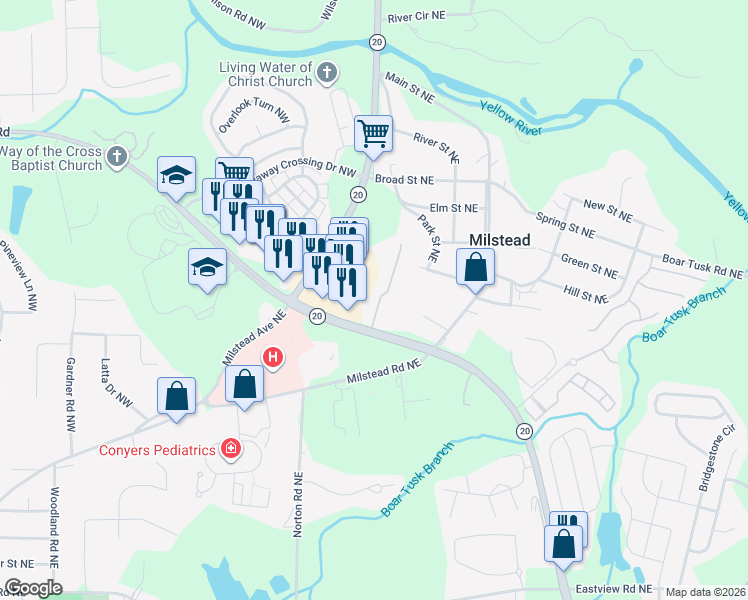 map of restaurants, bars, coffee shops, grocery stores, and more near 135 Ellis Drive in Conyers