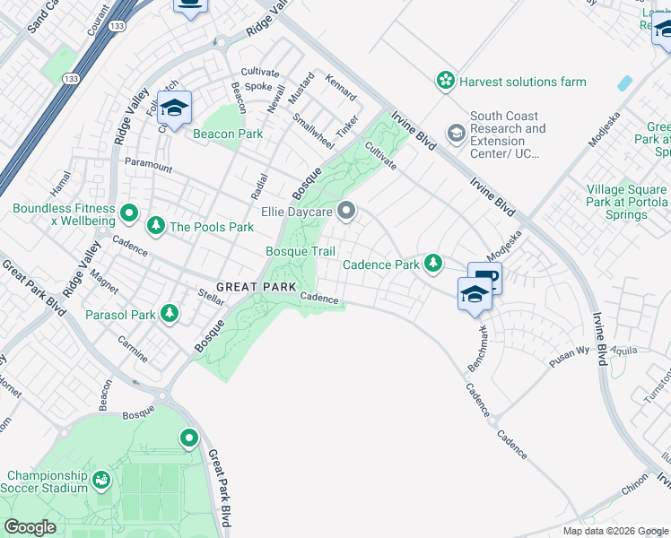 map of restaurants, bars, coffee shops, grocery stores, and more near 114 Source in Irvine