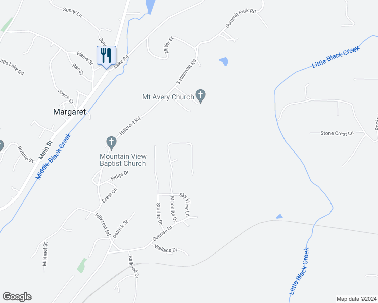 map of restaurants, bars, coffee shops, grocery stores, and more near 1020 Moonlite Drive in Odenville