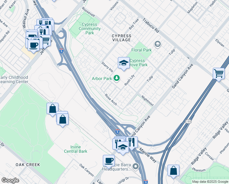 map of restaurants, bars, coffee shops, grocery stores, and more near 50 Fairymoss in Irvine