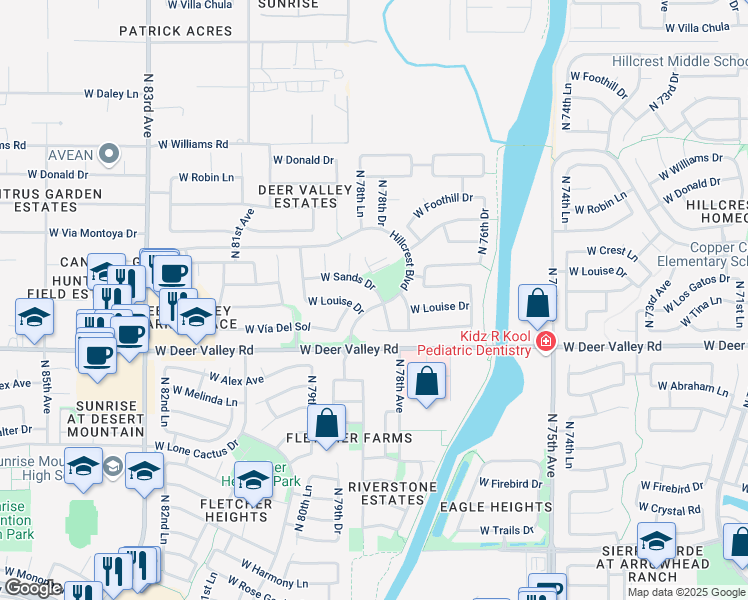 map of restaurants, bars, coffee shops, grocery stores, and more near 7871 West Sands Drive in Peoria
