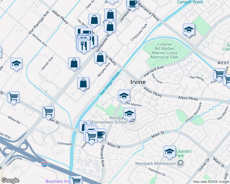 map of restaurants, bars, coffee shops, grocery stores, and more near 92 Alicante Aisle in Irvine