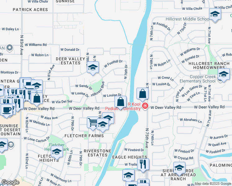 map of restaurants, bars, coffee shops, grocery stores, and more near 7674 West Louise Drive in Peoria