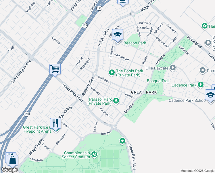 map of restaurants, bars, coffee shops, grocery stores, and more near 139 Stellar in Irvine