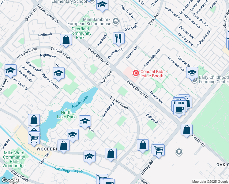 map of restaurants, bars, coffee shops, grocery stores, and more near 36 Acorn in Irvine