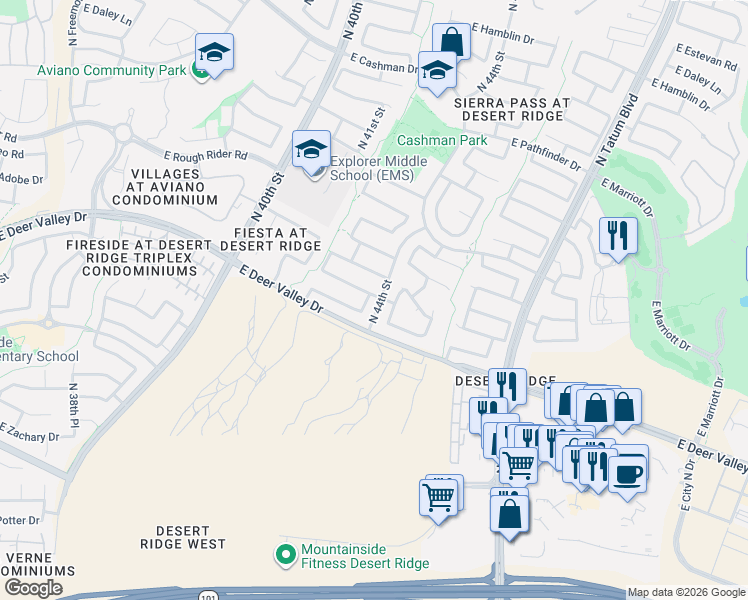 map of restaurants, bars, coffee shops, grocery stores, and more near 4363 East Gatewood Road in Phoenix