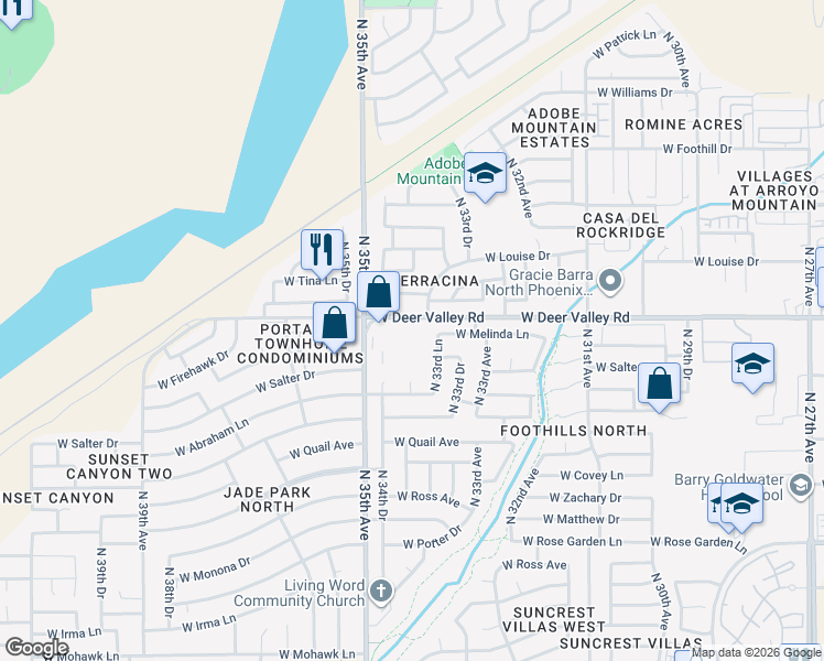 map of restaurants, bars, coffee shops, grocery stores, and more near 3371 West Via Del Sol Drive in Phoenix