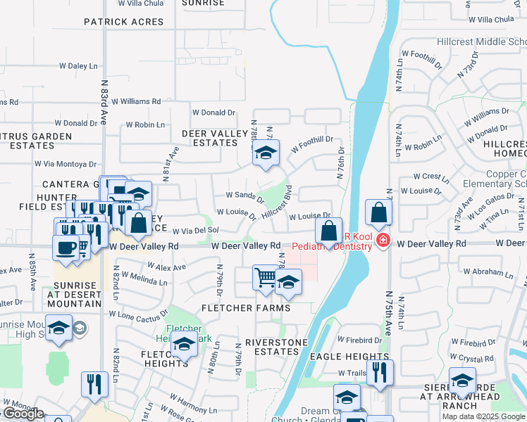 map of restaurants, bars, coffee shops, grocery stores, and more near 7871 West Sands Drive in Peoria