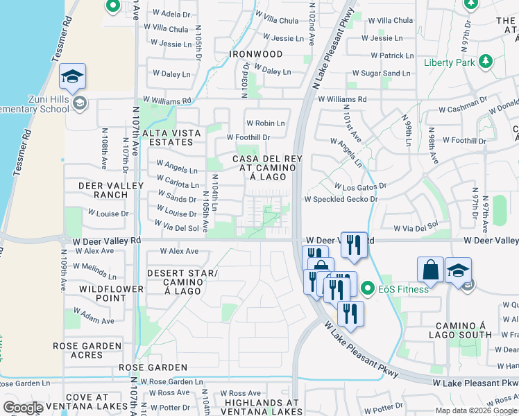 map of restaurants, bars, coffee shops, grocery stores, and more near 10370 West Sands Drive in Peoria