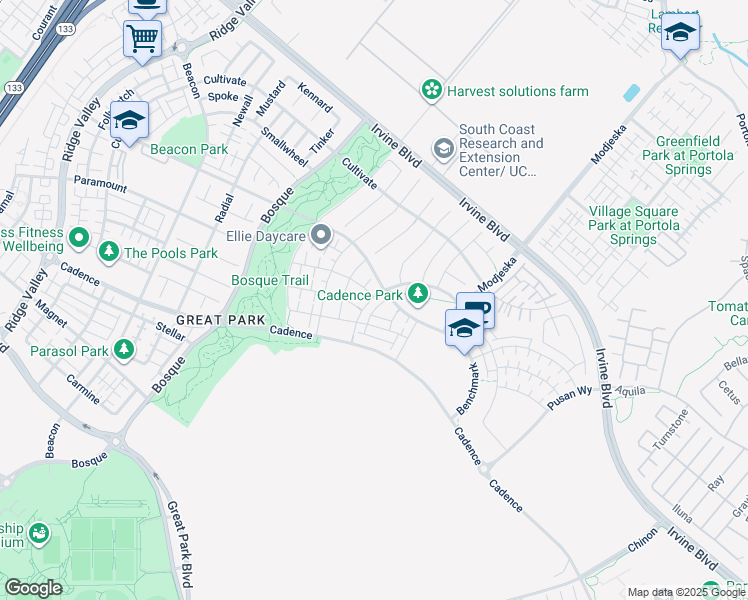 map of restaurants, bars, coffee shops, grocery stores, and more near 126 Spiral in Irvine