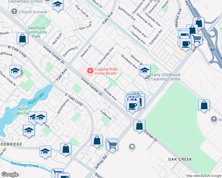 map of restaurants, bars, coffee shops, grocery stores, and more near 5192 Burgundy Circle in Irvine