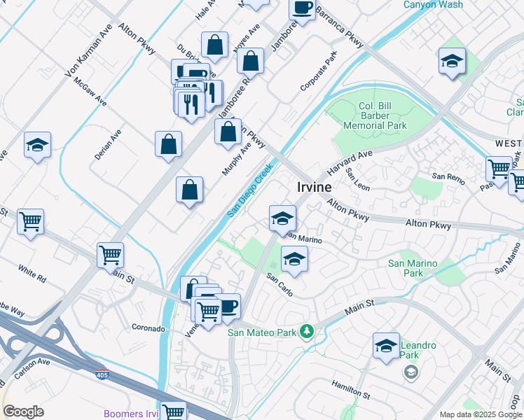 map of restaurants, bars, coffee shops, grocery stores, and more near 92 Alicante Aisle in Irvine