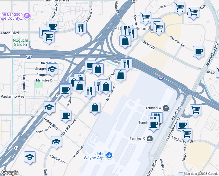 map of restaurants, bars, coffee shops, grocery stores, and more near 3190 Airway Avenue in Costa Mesa