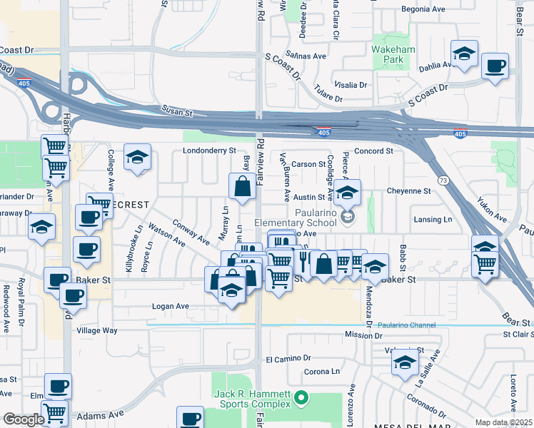 map of restaurants, bars, coffee shops, grocery stores, and more near in Costa Mesa