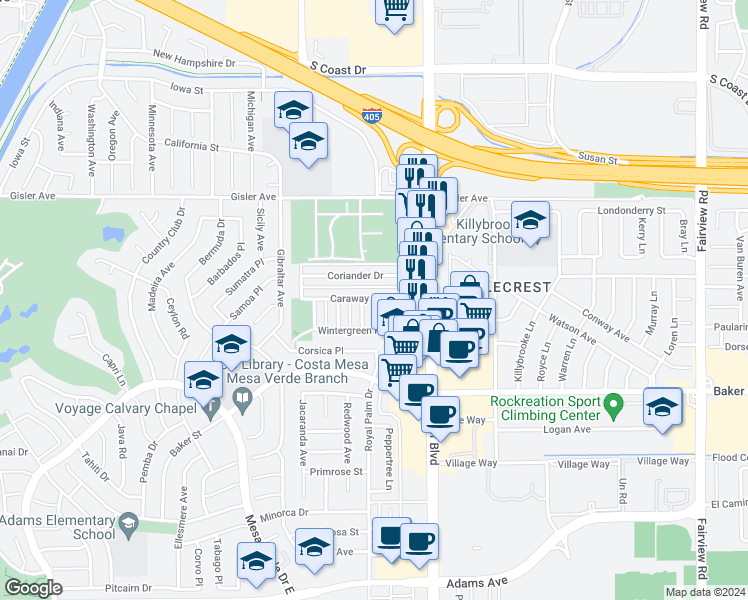 map of restaurants, bars, coffee shops, grocery stores, and more near 1587 Coriander Drive in Costa Mesa