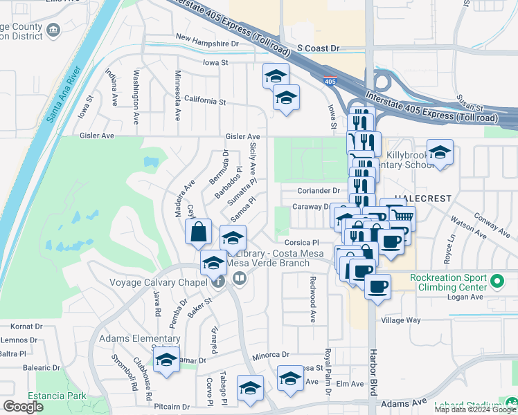 map of restaurants, bars, coffee shops, grocery stores, and more near 3131 Samoa Place in Costa Mesa