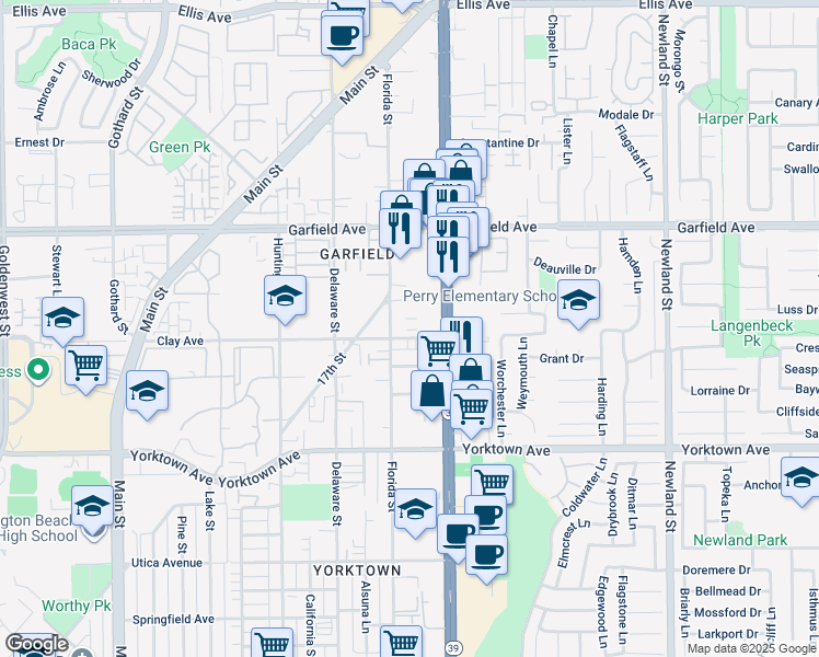 map of restaurants, bars, coffee shops, grocery stores, and more near 19181 Coenson Circle in Huntington Beach